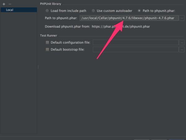 Choose for the option ‘Path to phpunit.phar’ and make sure it points to the phar file you have downloaded before.