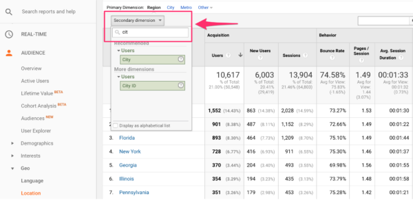 Add city to region report in Google Analytics