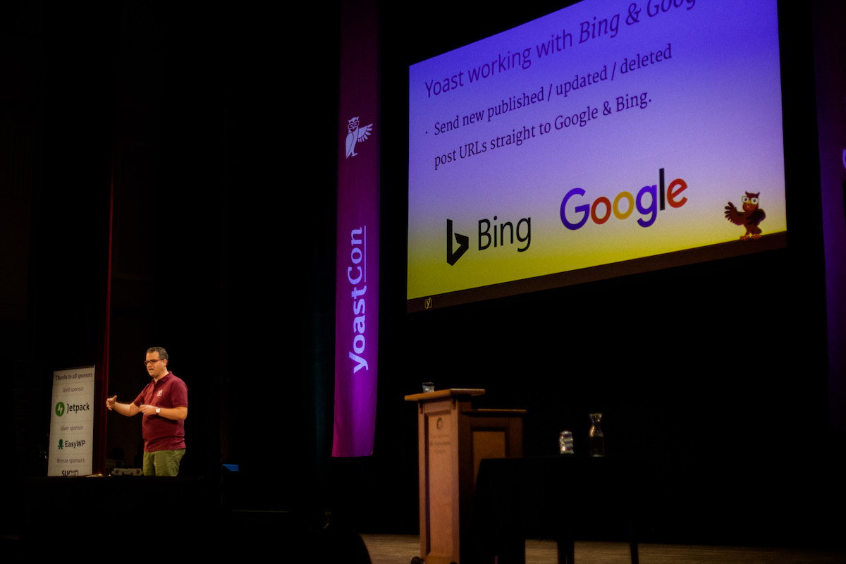 Joost annnouncing live indexing coming to Yoast SEO at YoastCon