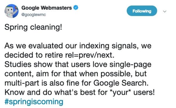 Tweet by Google Webmasters on pagination