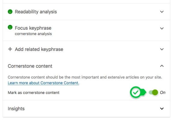 Enabling the cornerstone analysis in Yoast SEO