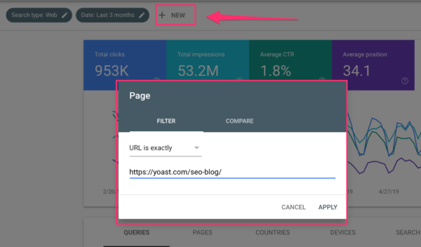 Adding a page filter in Google Search Console
