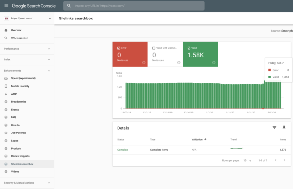 A screenshot of the Sitelinks Searchbox report in Google Search Console showing 1.5k URLs without errors.