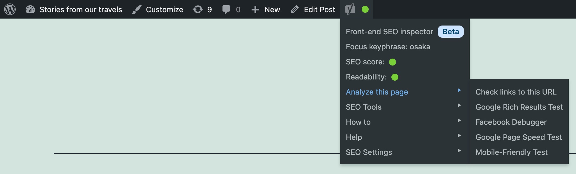 Screenshot showing the options in the admin bar menu in Yoast SEO