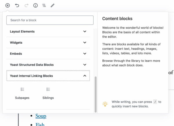 internal linking blocks in yoast seo 14.5