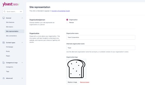 Screenshot of the Site representation settings in Yoast SEO.