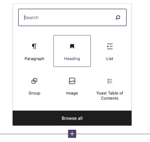 Image showing the option to choose the Heading block type using the block editor