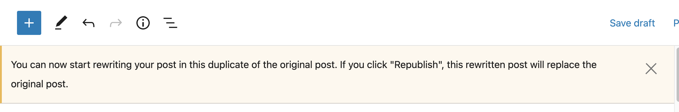 a screenshot of the notification issued when using the rewrite and republish feature