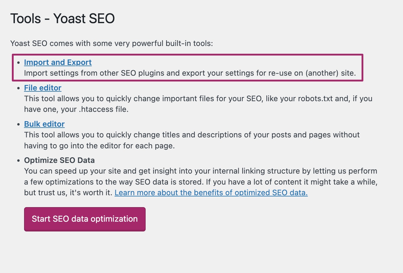 Screenshot of the Tools settings in Yoast SEO, highlighting the Import and Export link