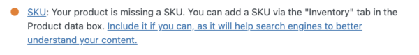 Screenshot SKU check for simple products in SEO analysis Yoast WooCommerce SEO