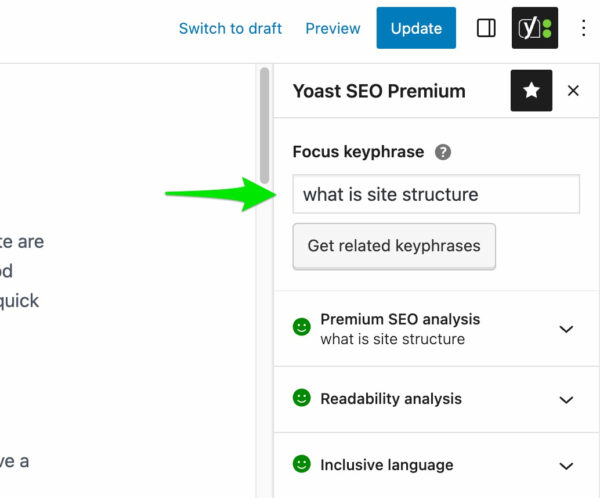 the focus keyphrase field in the Yoast SEO sidebar