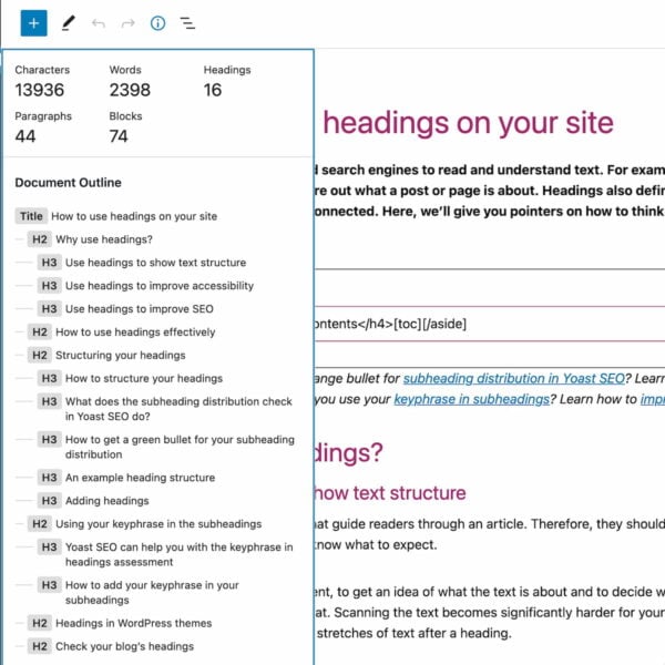 check the heading structure with the block editor