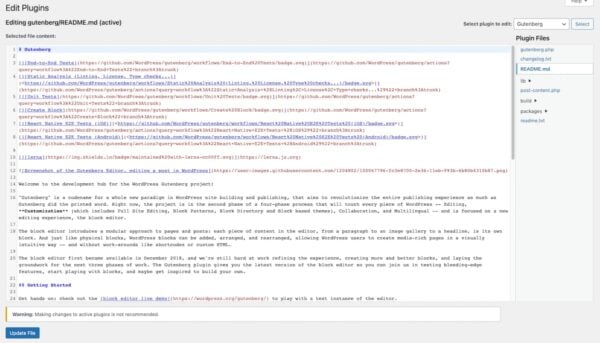 Screenshot of the Gutenberg plugin readme text