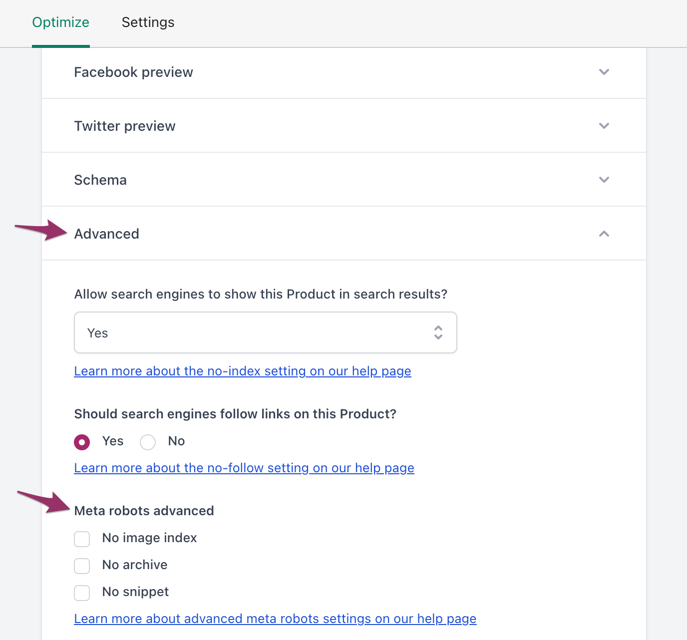 Meta robots advanced option in Yoast SEO Shopify