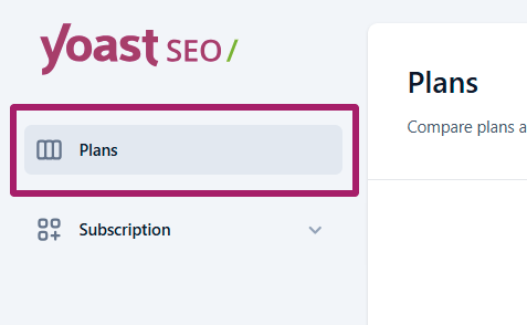 The Plans tab in the Yoast SEO for Shopify Account menu.