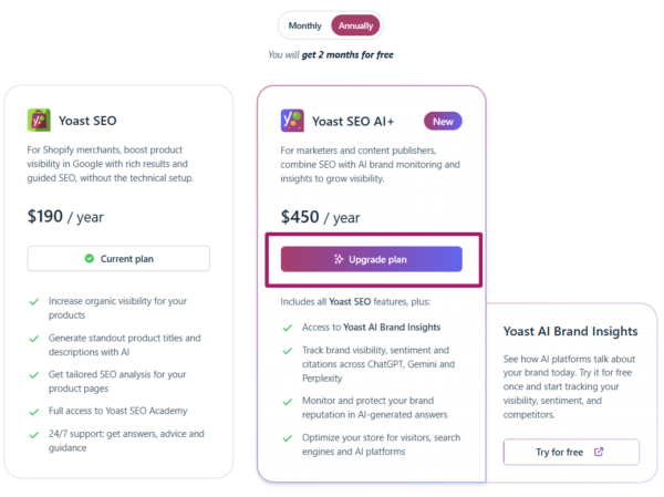 The plan cards in the Yoast SEO for Shopify Account menu.