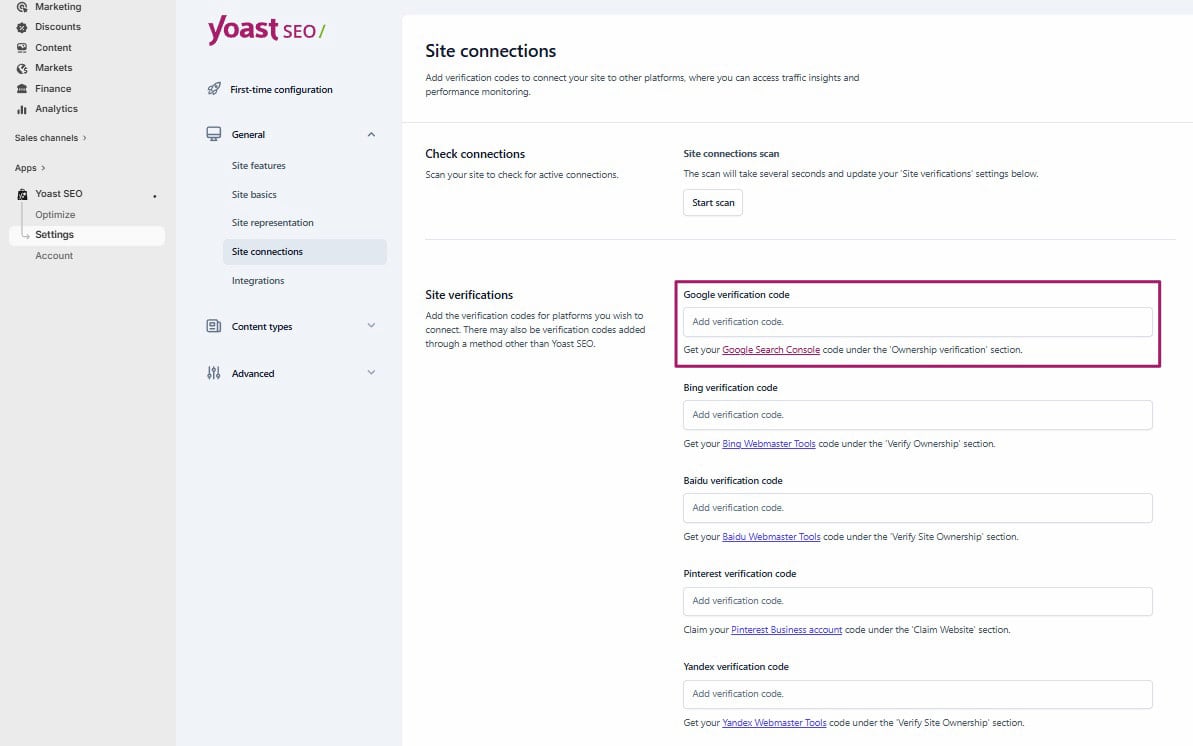 Screenshot of the Site connections section in Yoast SEO for Shopify settings