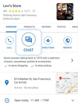 A screenshot of a Levi's store Google Business profile. The chat function is made bigger to highlight where it is on the page.