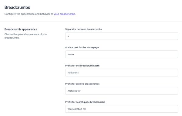 Screenshot of the Breadcrumbs settings in Yoast SEO.