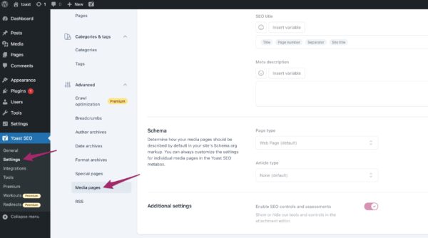 Screenshot of the Media pages menu item in the Yoast SEO settings. 