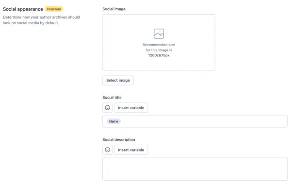 Screenshot of the Social appearance section of the Author archives settings in Yoast SEO