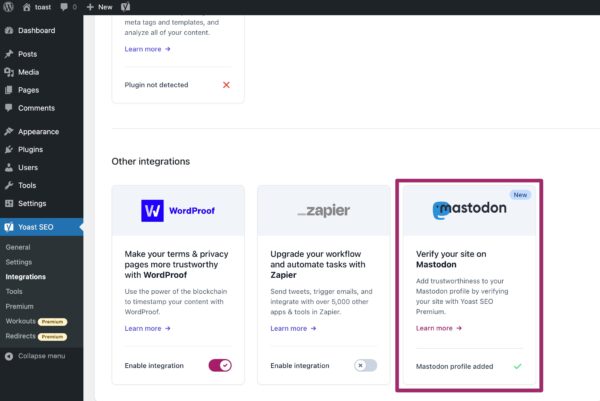 Screenshot of the Mastodon integrations box in Yoast SEO showing that your Mastodon profile has been added.