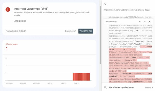 screenshot showing a structured data error on a page in search console