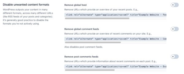 screenshot of the "Disable unwanted content formats" section in the Yoast SEO crawl optimization settings