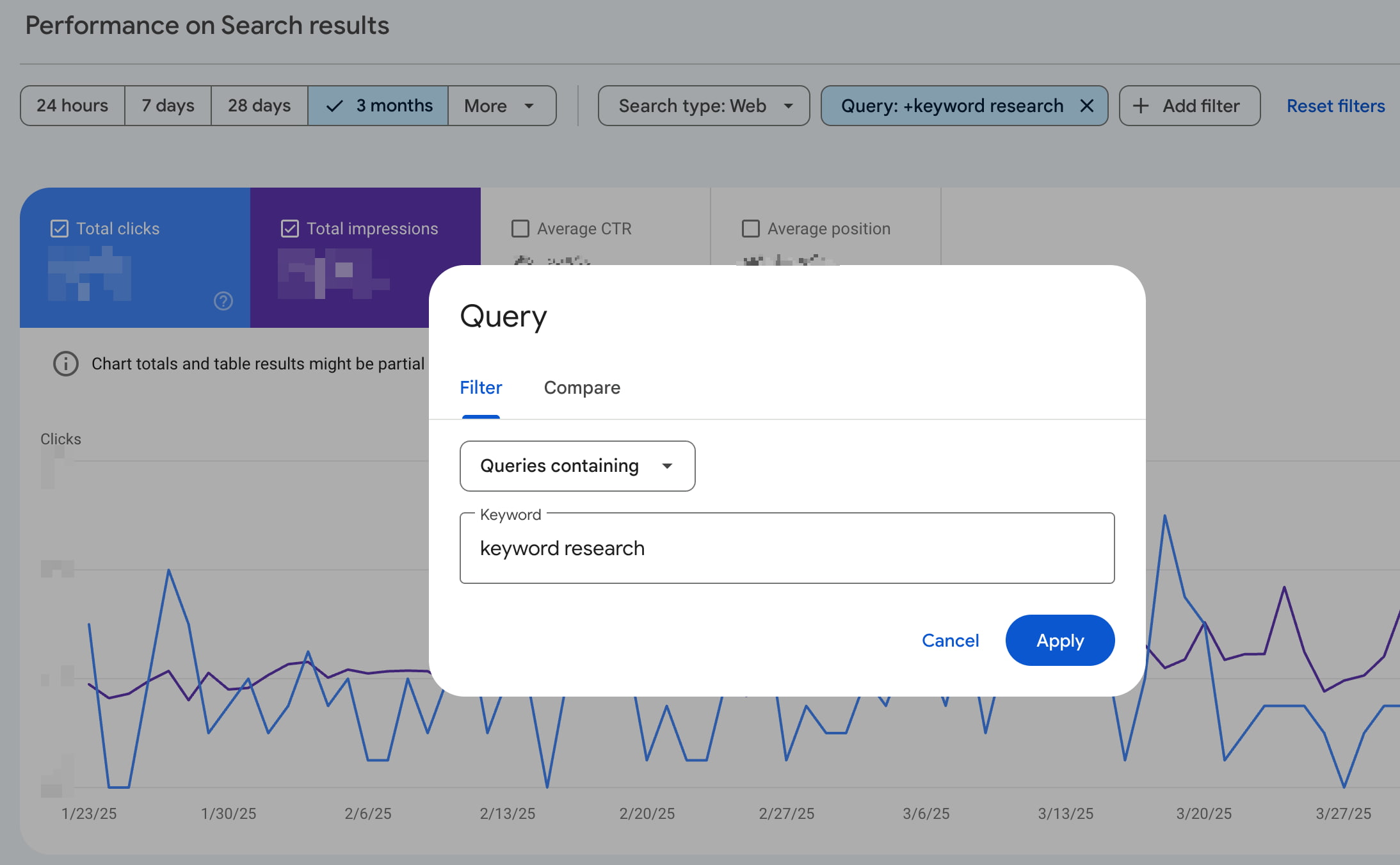 A Google Search Console keyword query filter helping you find which articles rank for terms
