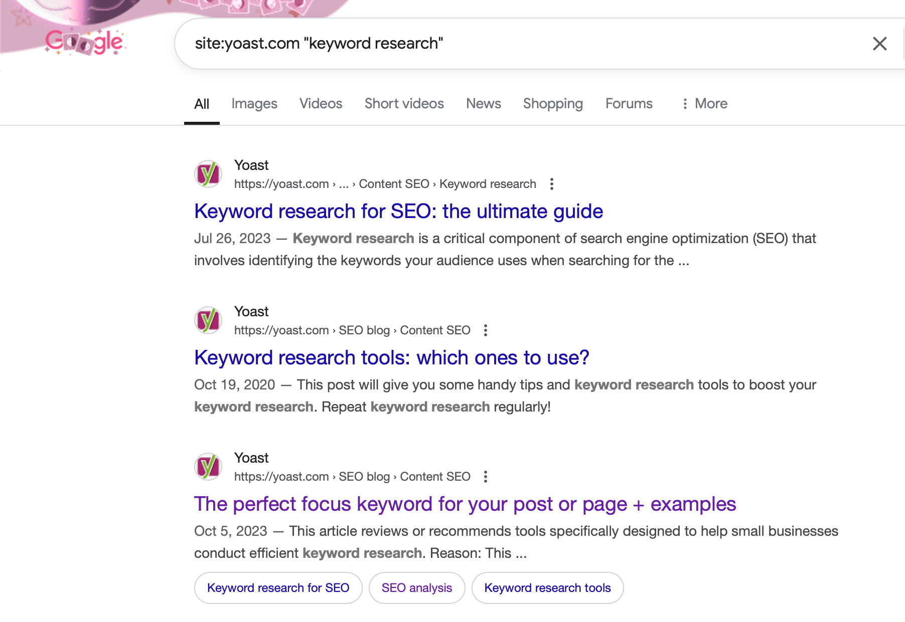 A Google site search with a domain and keyword showing post keyword cannibalization results