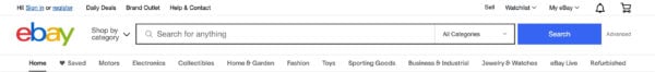 ebay's top menu with a colorful logo, links to various sections on the site and a big search bar