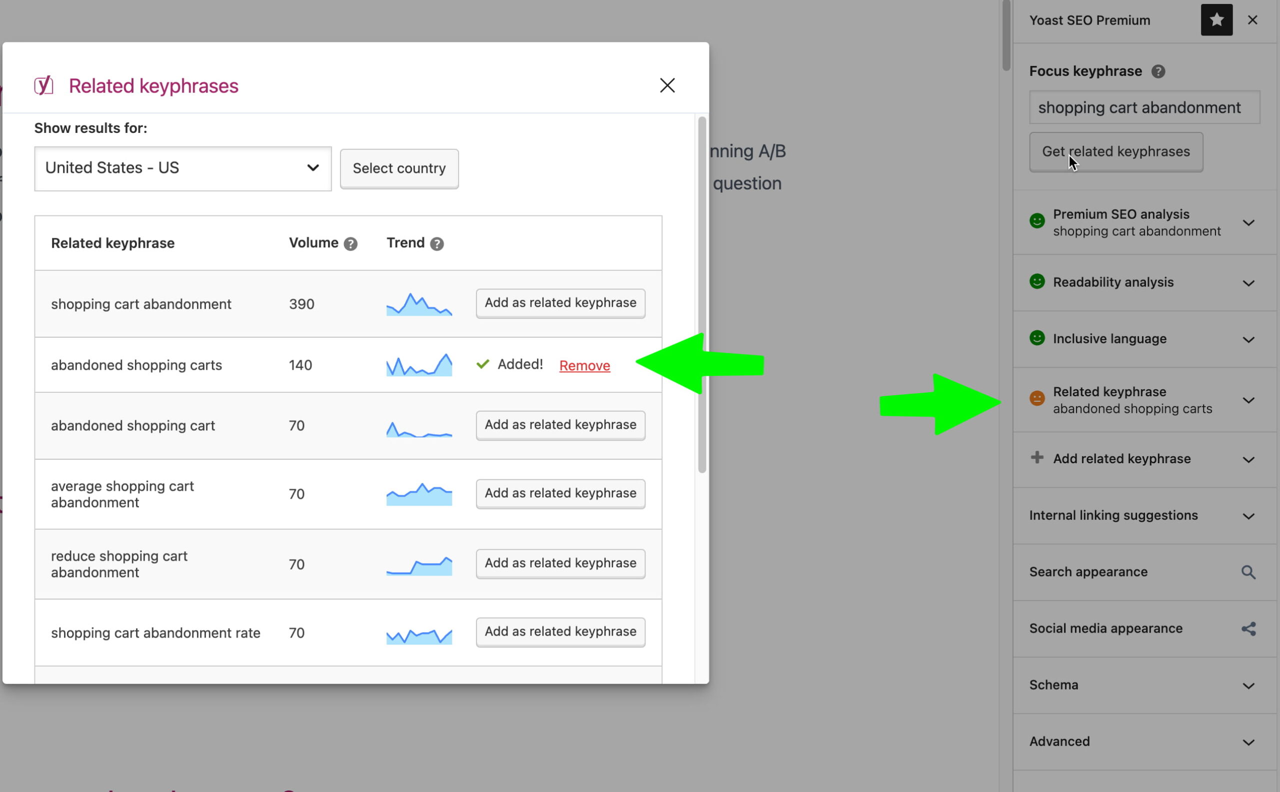 the semrush related keyphrase feature in yoast seo with arrows pointing to the sections where added related phrases appear in the editor sidebar 