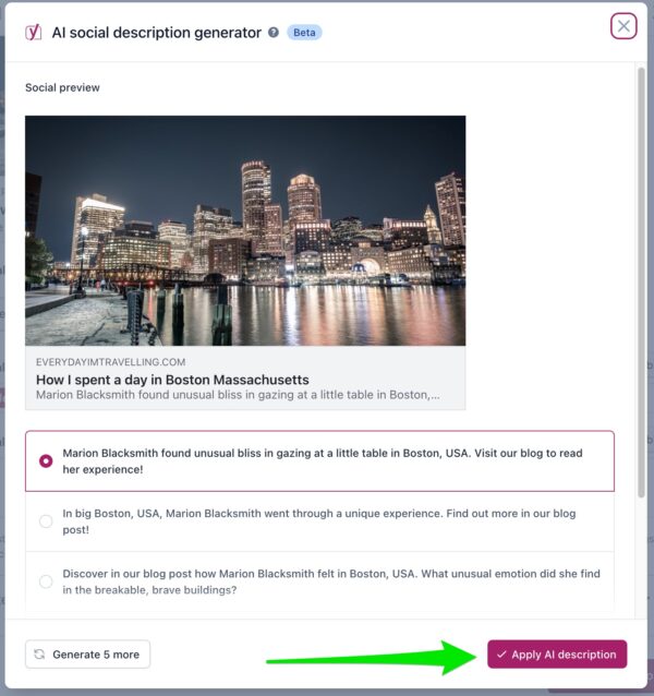 Screenshot of the AI social description generator, with a green arrow pointing towards the Apply AI description button