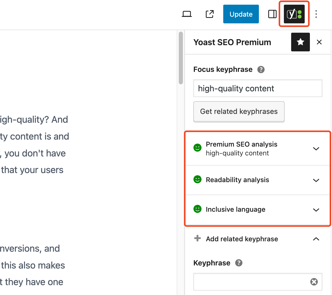 an example of a post with three green traffic lights in the Yoast SEO sidebar