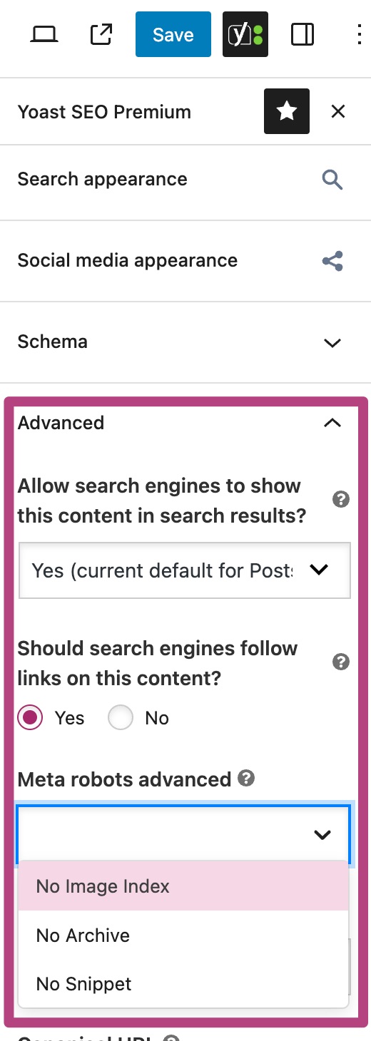 meta robots advanced menu in yoast seo premium