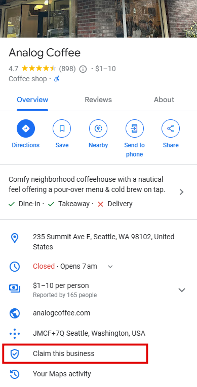 Screenshot of a listing for a coffeehouse. Highlighted is the "Claim this business" at the bottom of the screenshot.