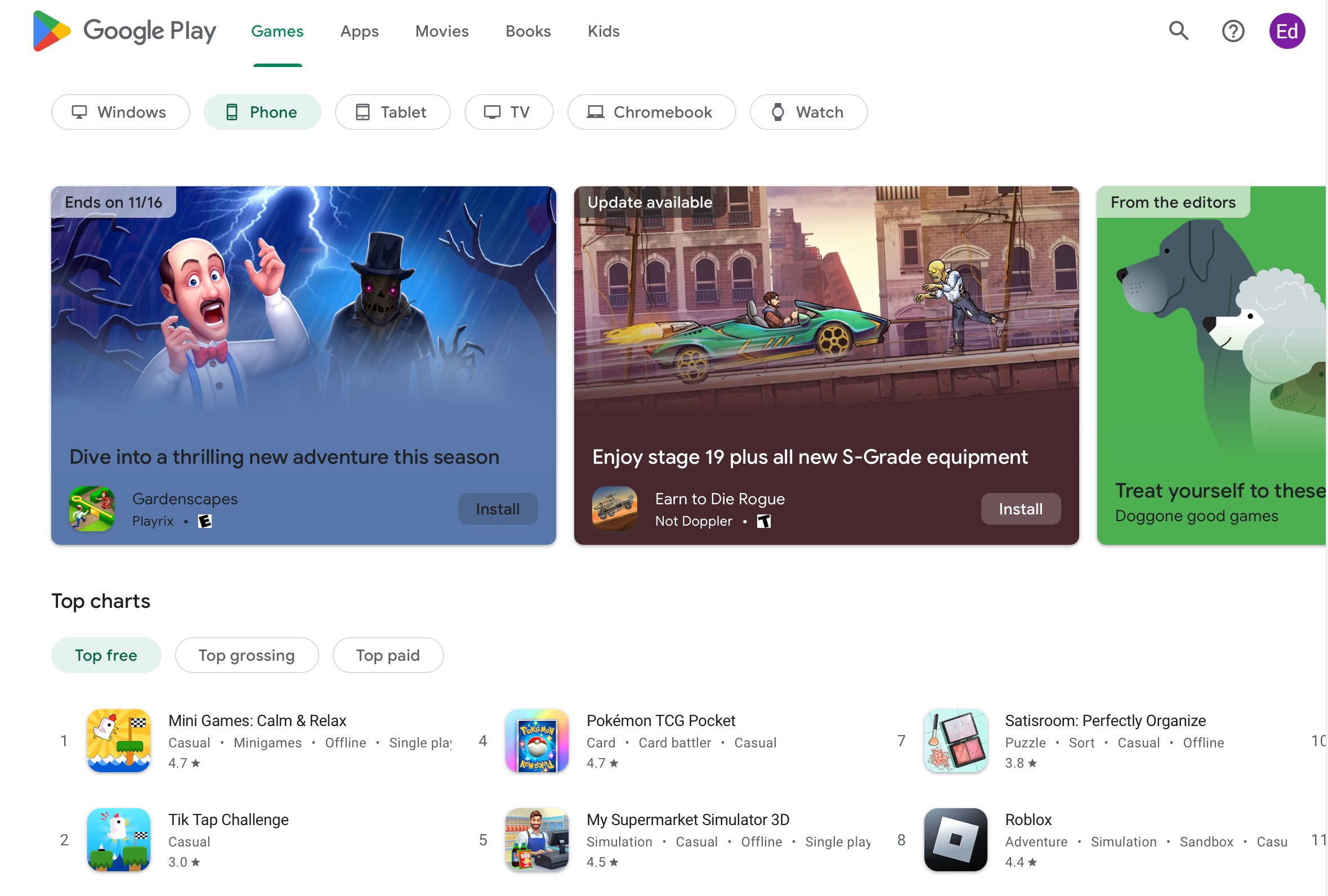 image showing the homepage of google play with three highlighted apps at the top