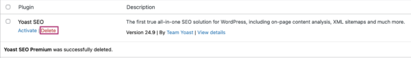 Screenshot shows "Delete" for Yoast SEO.