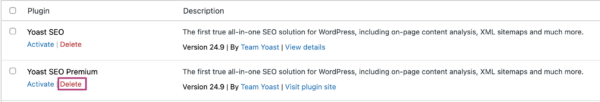 Screenshot showing "Delete" for Yoast SEO Premium.
