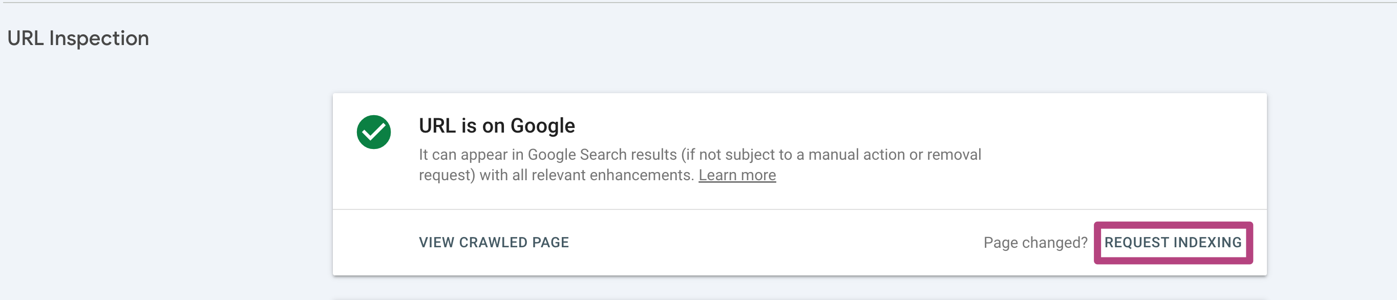 Screenshot showing the "Request Indexing" link from URL inspection in Google Search Console.