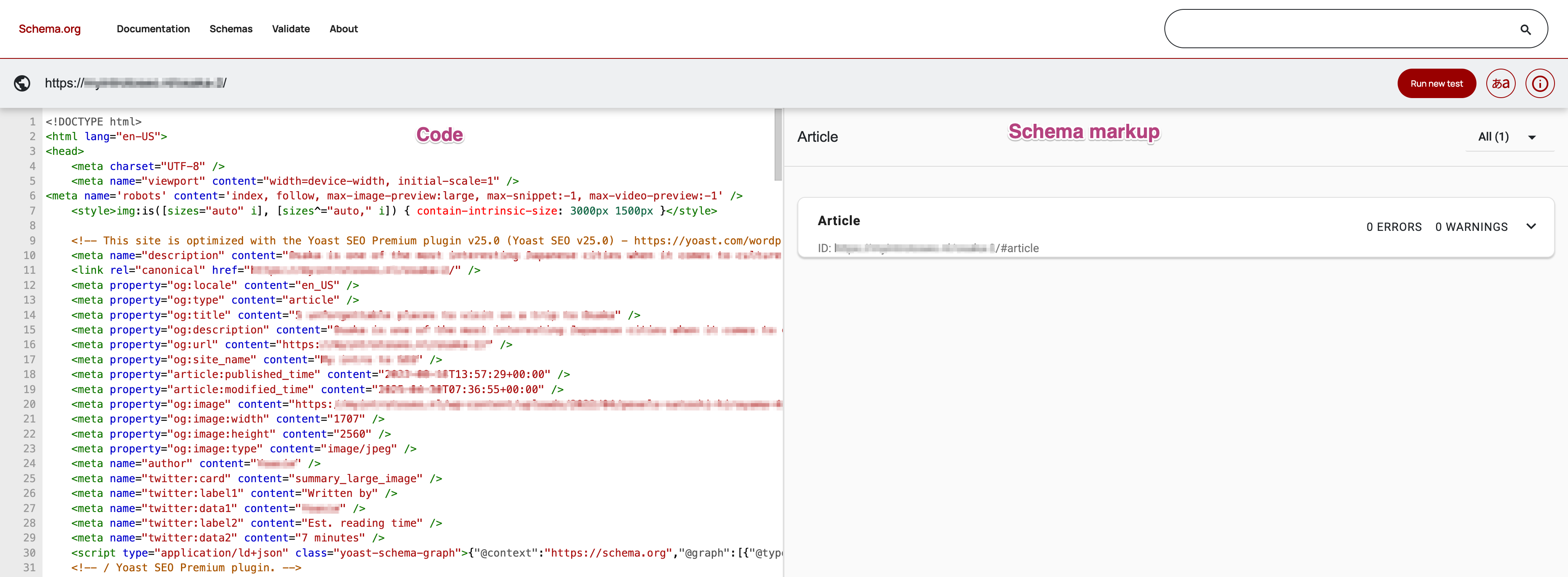 Screenshot showing schema markup and the source code from Schema validator site