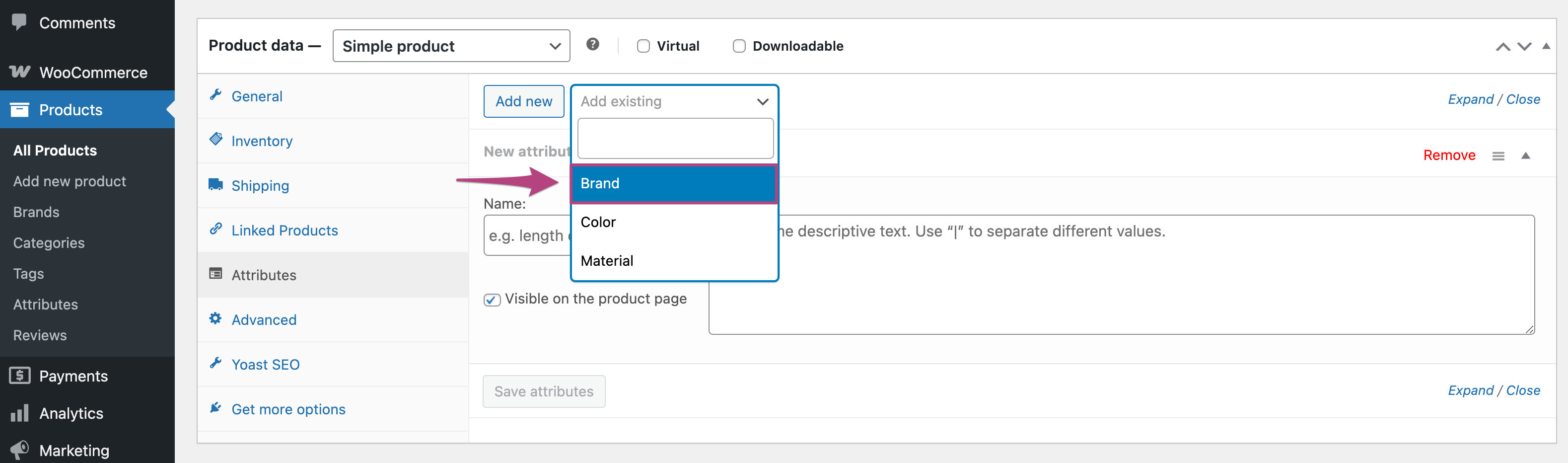 Screenshot showing the process of adding the brand attribute for the product.
