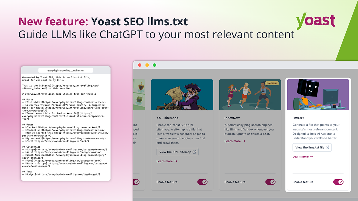 Image showing the Yoast SEO llms.txt feature in Yoast SEO settings