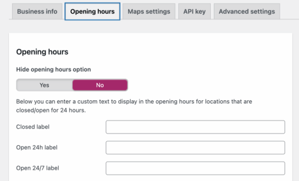 opening hours section of yoast local seo with fields to fill in and an option to hide opening hours option