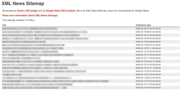 a screenshot of an xml news sitemap as generated by yoast news seo