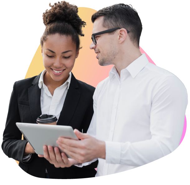 two people looking at a electronic tablet