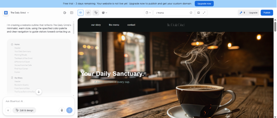 Blueshost AI website builder editor
