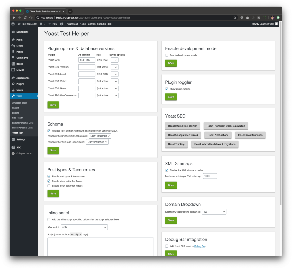 Screenshot of the Yoast Test Helper options